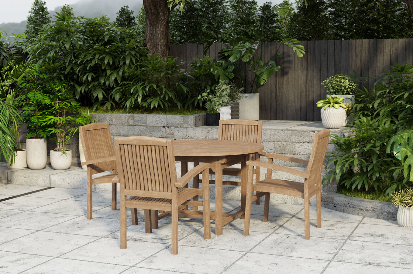 OUTFLEXX Dallas/Washington Gruppo pranzo da giardino, naturale, Teak, 120/170x120 cm, 4x Sedia impilabile 24348__1