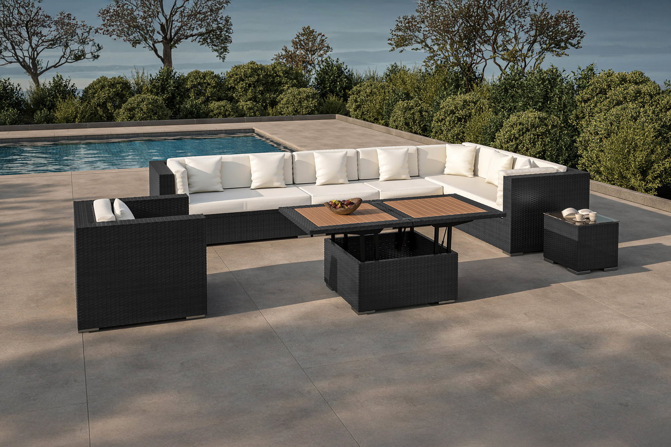 OUTFLEXX Lounge da giardino, crema/bianco, nero, polyrattan, per 8 persone, incl. tavolino lounge, baule portacuscini impermeabile 1380_BOX_D__1