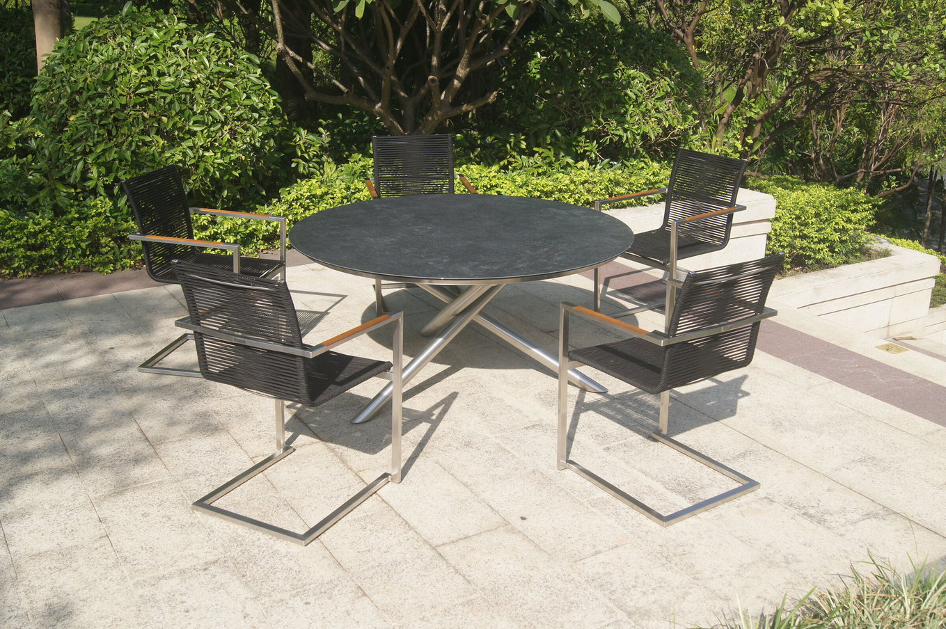OUTFLEXX gruppo pranzo da giardino, argento/nero, acciaio inox/ceramica vetro/Rope/Teak, tavolo Ø150cm, 5 sedie a sbalzo 24052__1