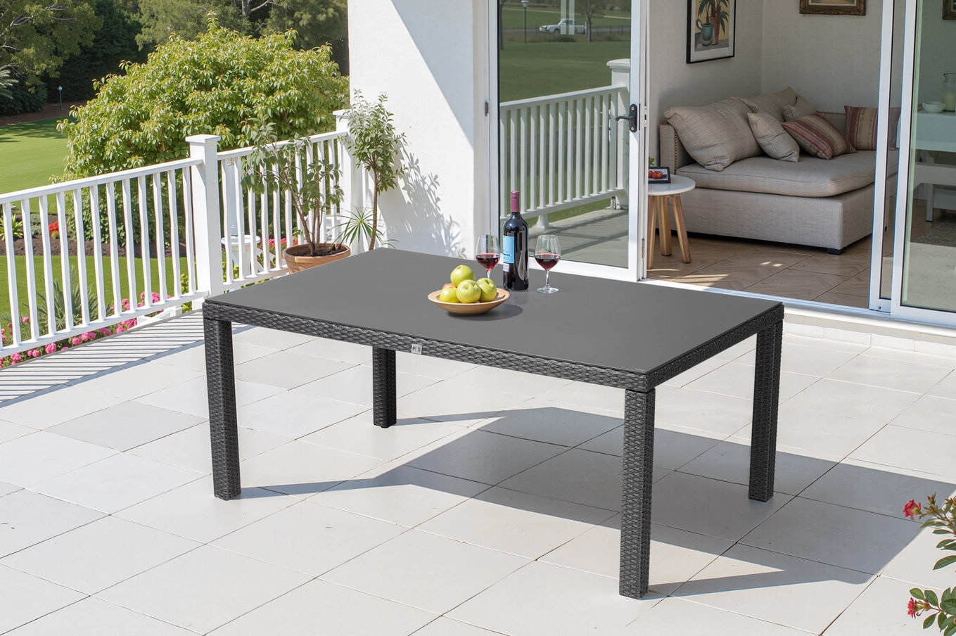 OUTFLEXX Rocking Comfort Dining tavolo, grigio/marrone screziato, polyrattan, 180x110 cm, piano in vetro effetto pietra 18209__1