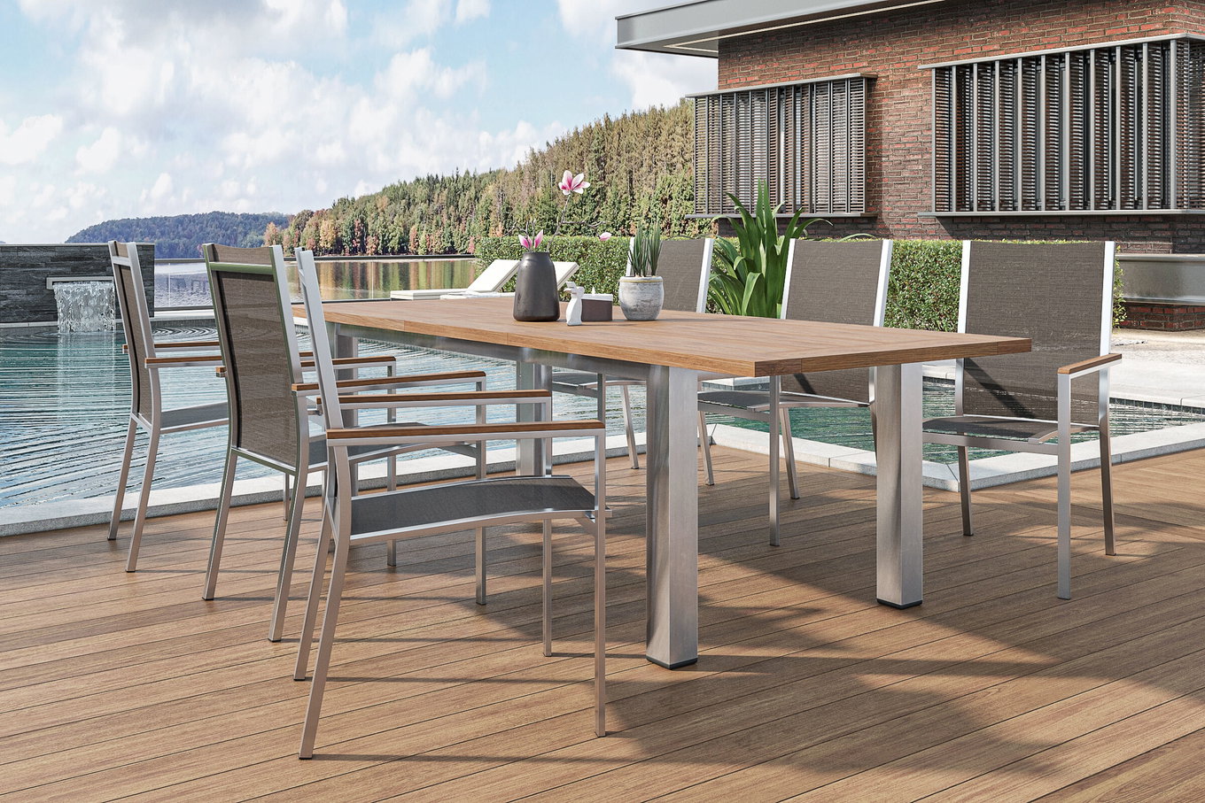 STERN Cardiff Set da pranzo da giardino, argento/taupe, acciaio inox/teak riciclato, tavolo 200/260 x 100 cm, 6 poltrone impilabili, prodotto certificato FSC® 19704__1