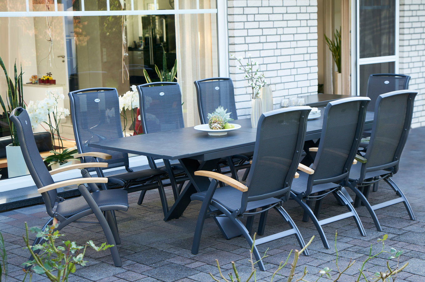 HARTMAN Modello speciale Xanadu / Da Vinci Gruppo pranzo da giardino, xerix/antracite, Alu/Vetroceramica, 8 sedie pieghevoli, 220/280x100cm 21084__1