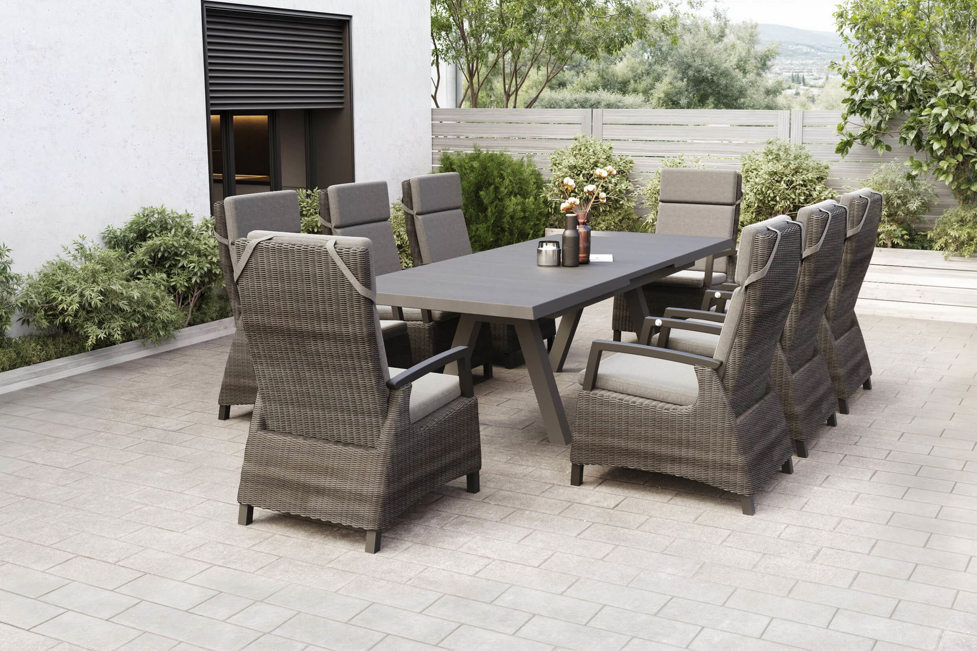 SIENA GARDEN Tirana/Corido Set da pranzo da giardino, antracite, alluminio/ceramica/polyrattan, tavolo allungabile, 8 poltrone regolabili