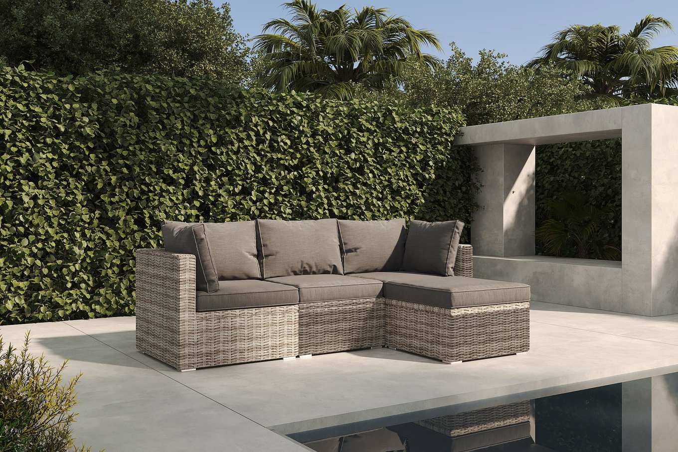 OUTFLEXX Set lounge, grigio, polyrattan, 4 persone, sedute regolabili, baule portacuscini impermeabile 18363_BOX__1