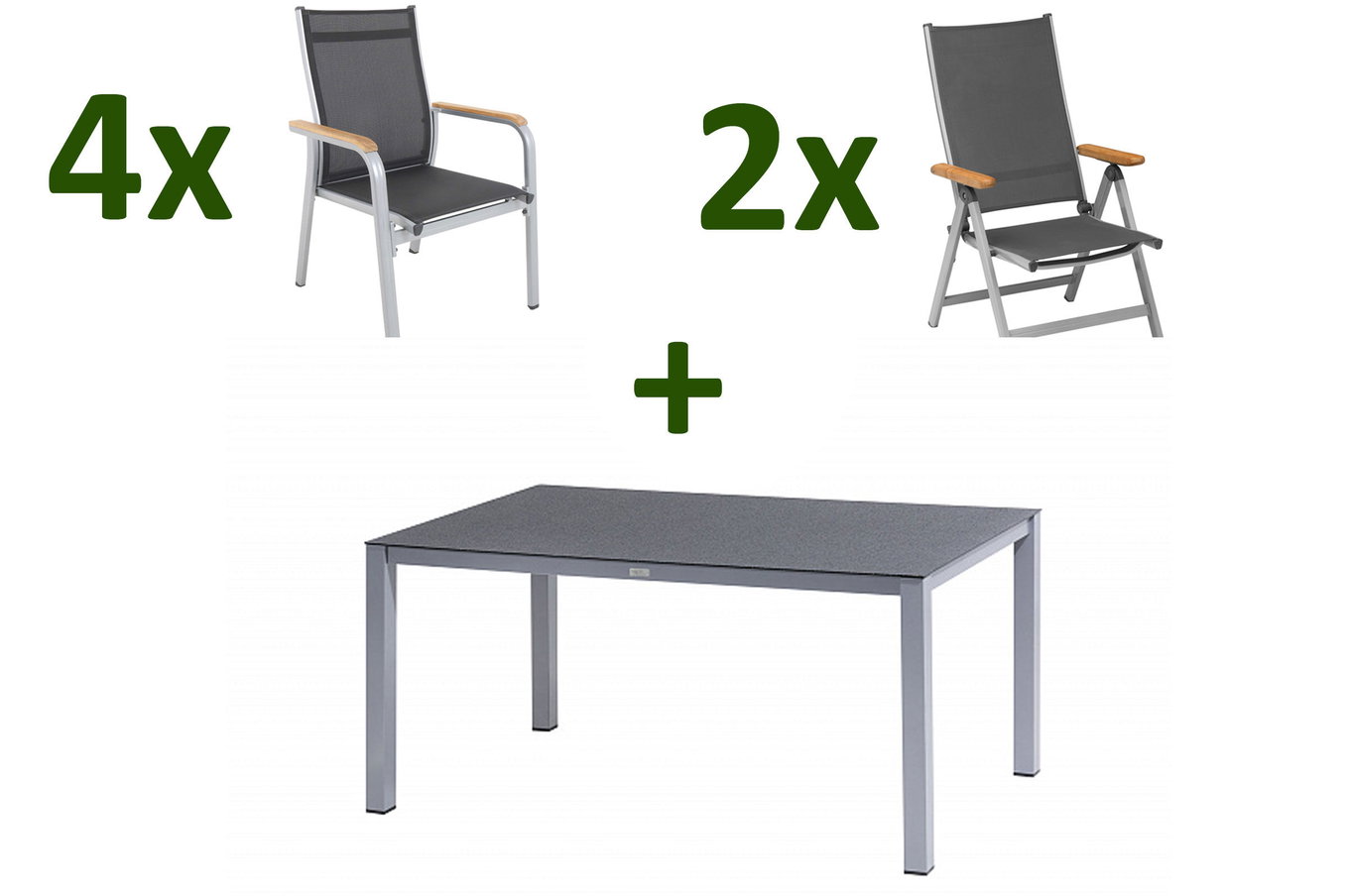 KETTLER Granada Set da pranzo da giardino, argento/antracite, Alluminio/Spraystone/Tessuto, 160 x 95 cm, 4 poltrone impilabili, 2 sedie pieghevoli 28330__1