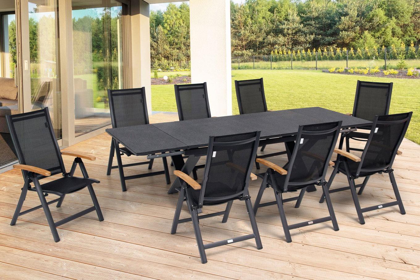 OUTFLEXX Set da pranzo da giardino, OUTFLEXX® antracite opaco, Alu / Spraystone / Teak, tavolo 180/280x100cm, 8 sedie pieghevoli 22125__1