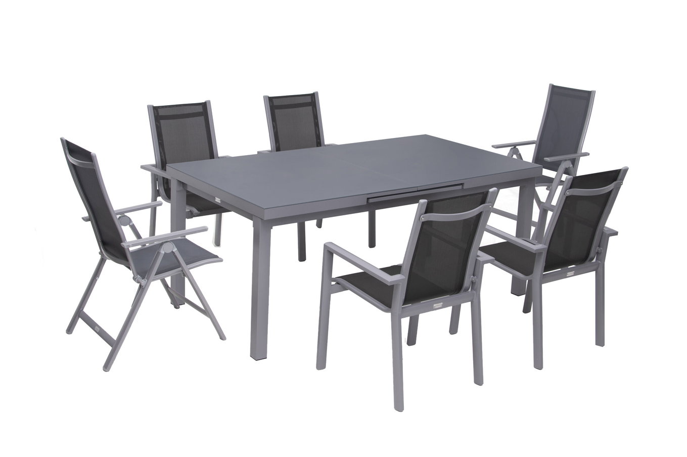 Gruppo pranzo da giardino Premium OUTFLEXX, argento/grigio, alluminio/textilene, tavolo allungabile 180/240 x 100 cm, 4 poltrone impilabili, 2 sedie pieghevoli 21435__1