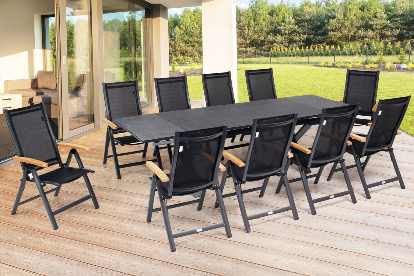 OUTFLEXX Gruppo da pranzo da giardino, OUTFLEXX® antracite opaco, Alu / Spraystone / Teak, tavolo 180/280x100cm, 10 sedie pieghevoli 22126__1