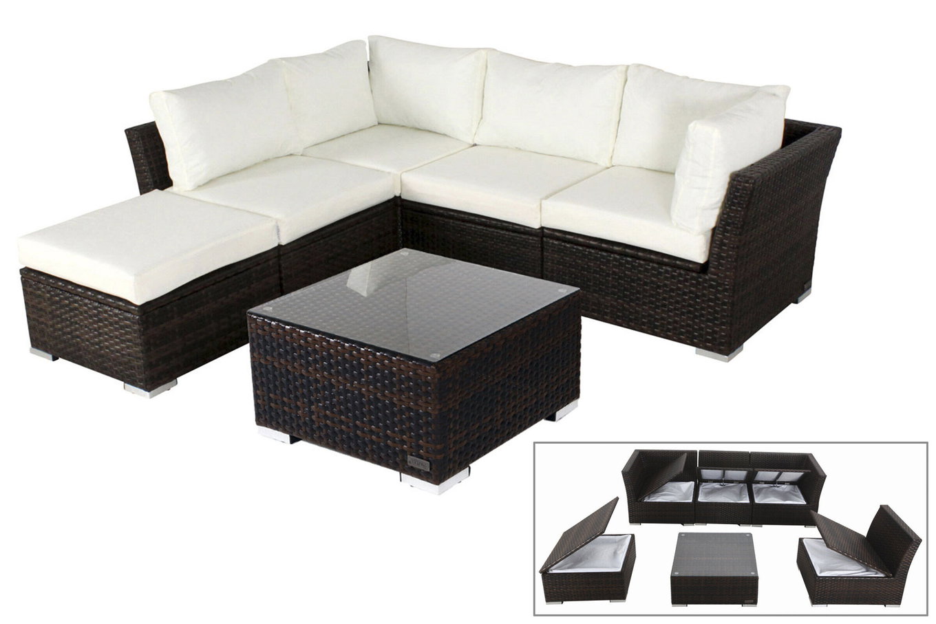 OUTFLEXX Salotto da giardino, marrone marmorizzato, polyrattan, incl. tavolino da caffè, per 5 persone, box portacuscini impermeabile 7759_BOX_B__1
