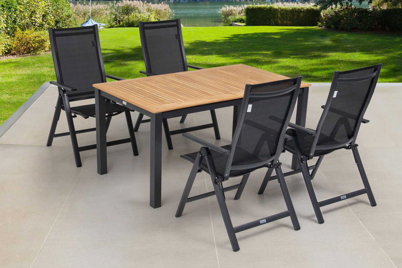 OUTFLEXX Set da pranzo da giardino, OUTFLEXX® antracite opaco, Alluminio / Teak / Textilene, Tavolo allungabile 150/210 x 90 cm, 4 sedie pieghevoli 22173__1