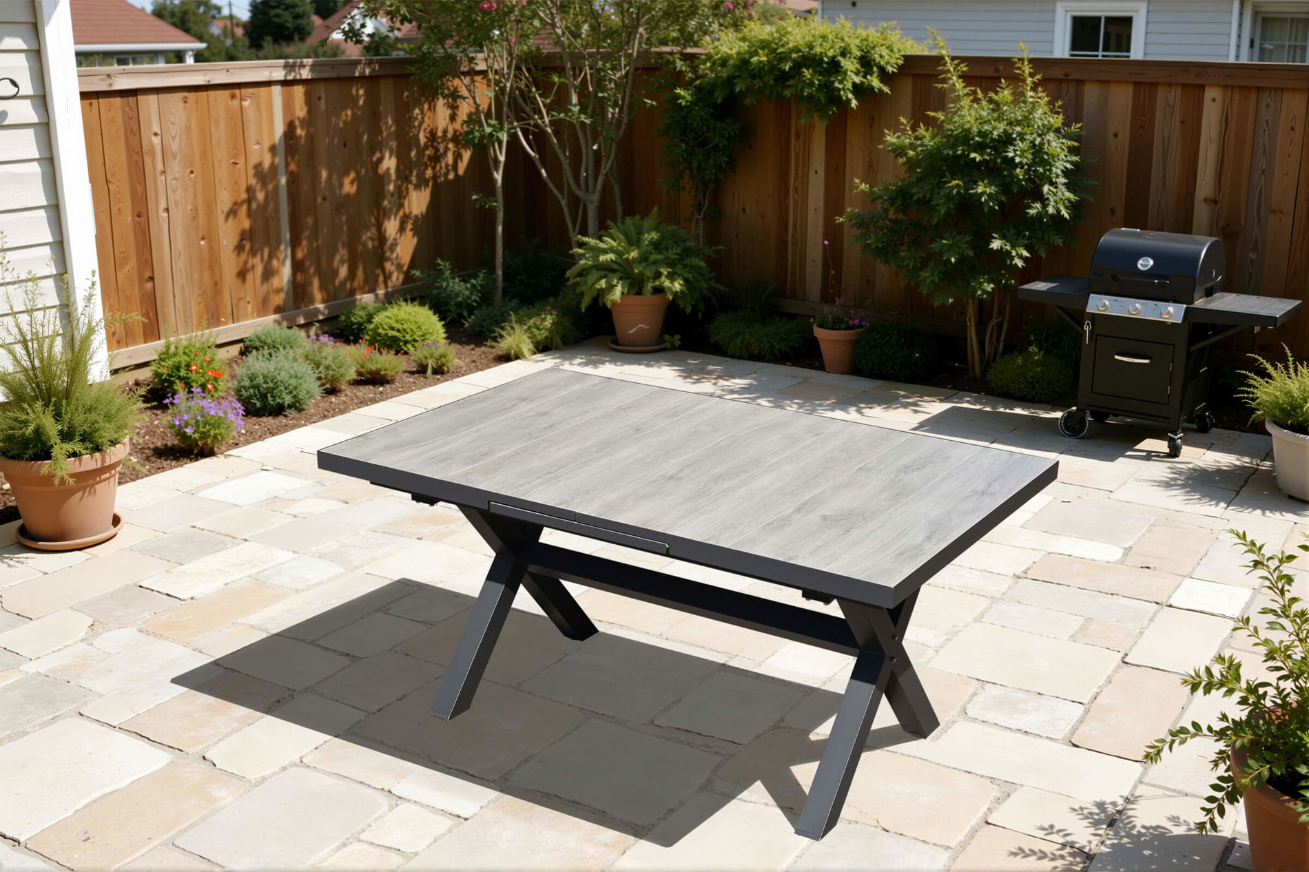 OUTFLEXX Louvra Tavolo Allungabile, antracite/effetto legno, Alu/Ceramica, 160/210x100,5cm, piano del tavolo in piastrelle di ceramica