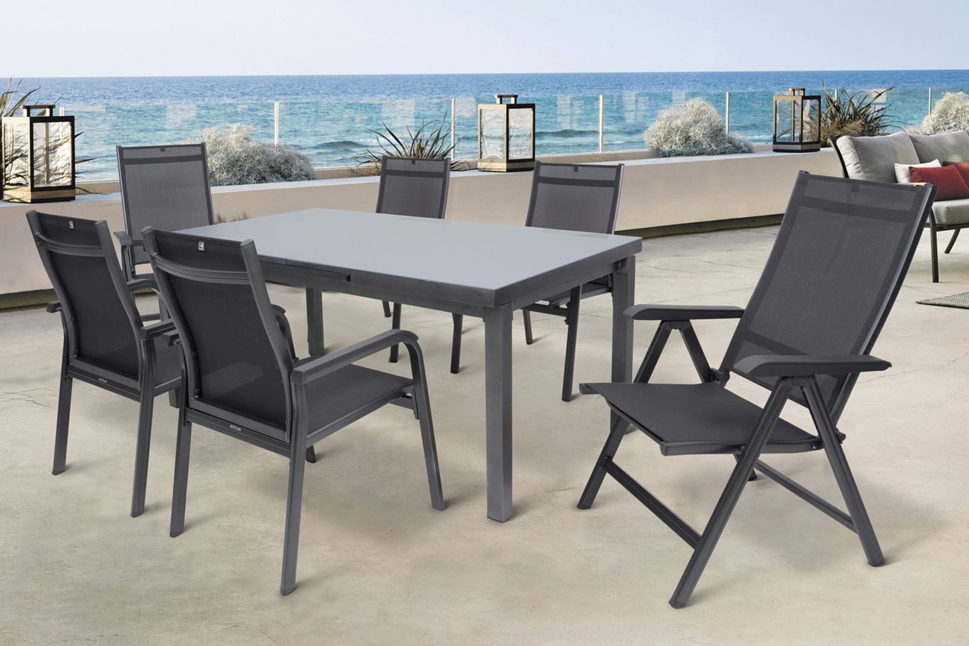 KETTLER BasicPlus Gruppo Pranzo da Giardino, antracite, Alu/Textilene, tavolo 180/240x100cm, 4 Poltroncine Impilabili, 2 Sedie Pieghevoli 19317__1