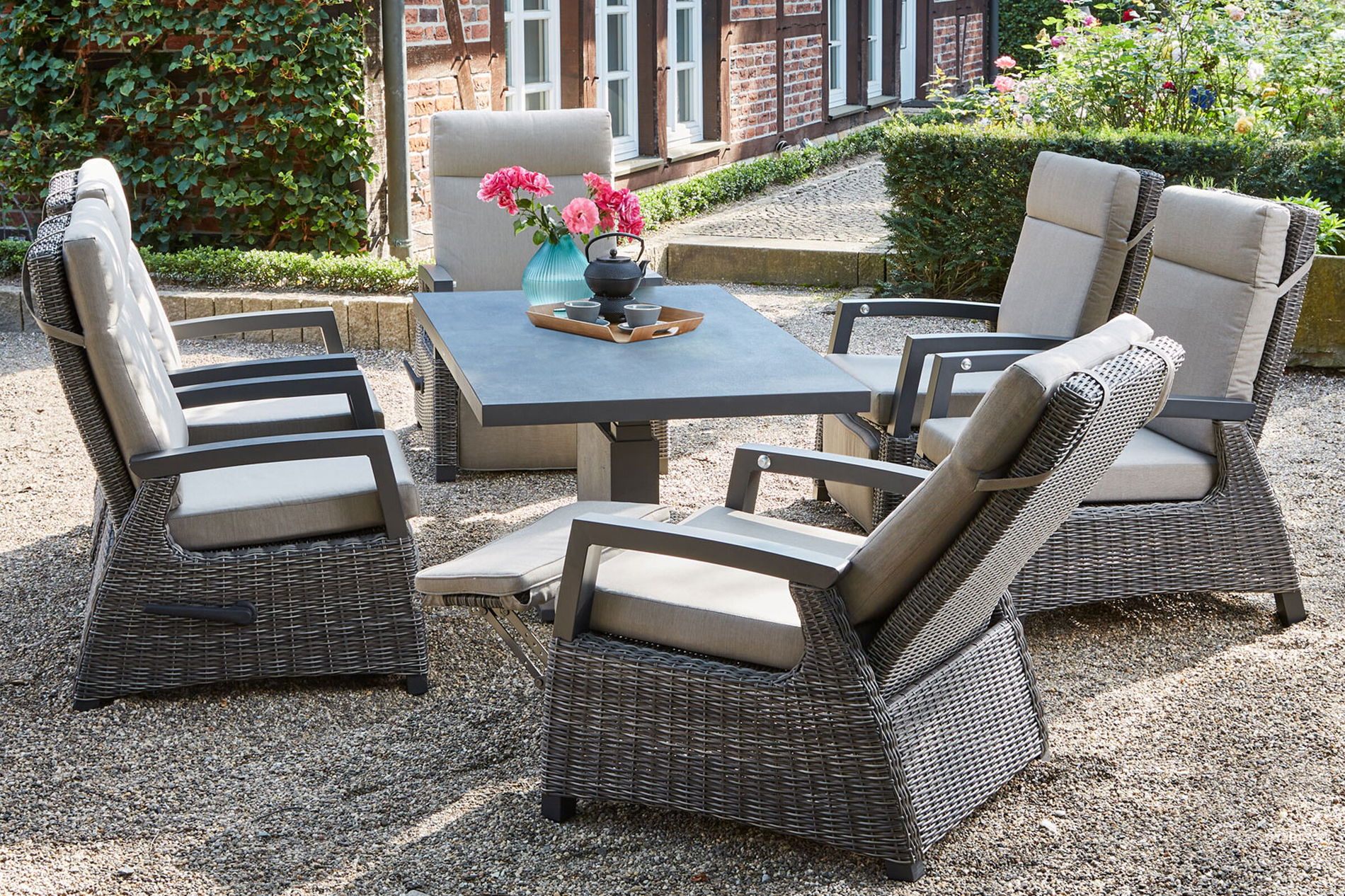 SIENA GARDEN Corido/Bellani Grau salotto da giardino, charcoal/antracite/grigio, Alu/intreccio Gardino®, tavolo lift 160x90 cm, 6 poltrone relax