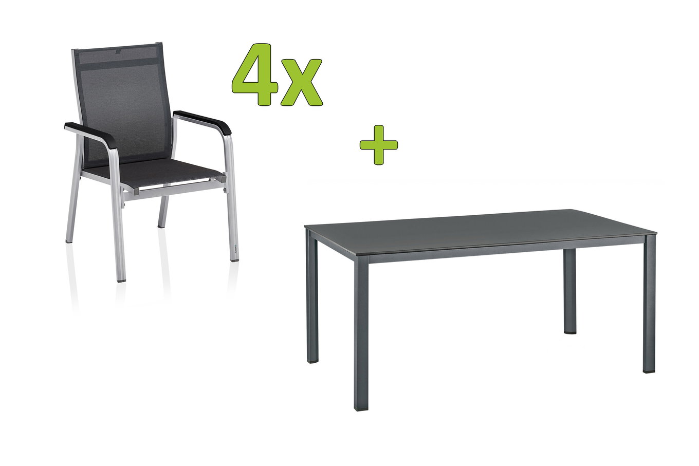 KETTLER BasicPlus Premium set da pranzo, argento/liquirizia, Alluminio/Textilene, tavolo 160x95 cm, 4 poltrone impilabili 31504__1