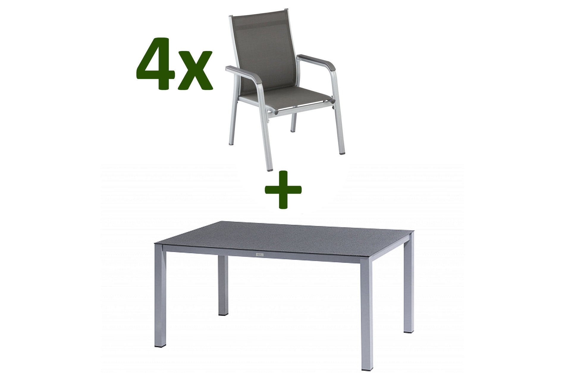 KETTLER BasicPlus Set da pranzo da giardino, argento/antracite, Alu/Spraystone/Textilene, 160x95 cm, 4 Sedie impilabili 28318__1