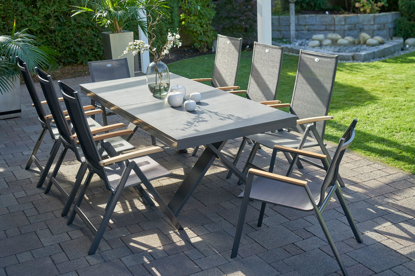 HARTMAN Modello speciale Xanadu / Aruba Gruppo da pranzo da giardino, xerix/antracite, Alu/Vetroceramica, 2 poltroncine impilabili, 6 sedie pieghevoli, 220/280x100cm 21129__1