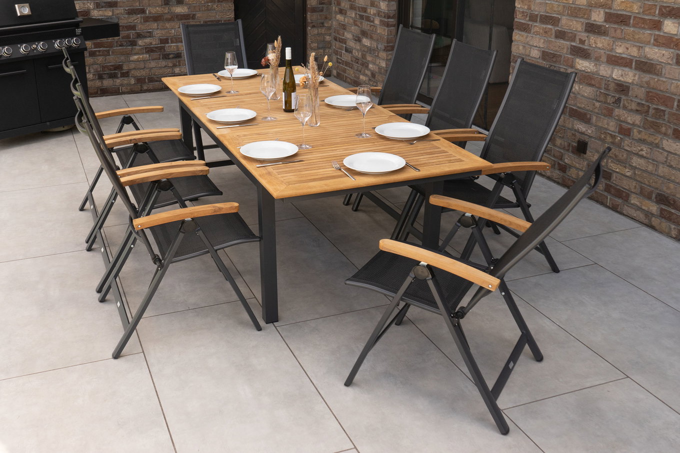 OUTFLEXX Set da pranzo da giardino, OUTFLEXX® antracite opaco, Alu / Teak / Textilene, tavolo 180/240x100cm, 8 sedie pieghevoli 22186__1