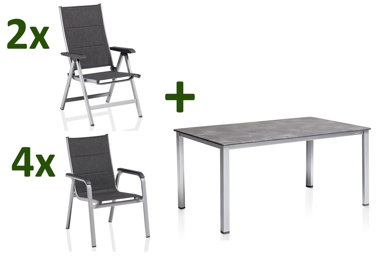 KETTLER Cubic/ Basic Plus Padded Gruppo da pranzo da giardino, argento/antracite, Alu/Textilene, tavolo 160x90 cm, 4 sedie impilabili, 2 sedie pieghevoli, imbottite 28703__1