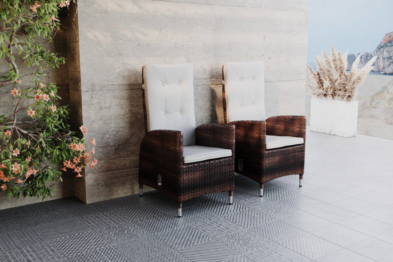 OUTFLEXX Set da 2 poltrone Dining, marrone marmorizzato, polyrattan, 55 x 65 x 112 cm, schienale regolabile continuamente 20662__1