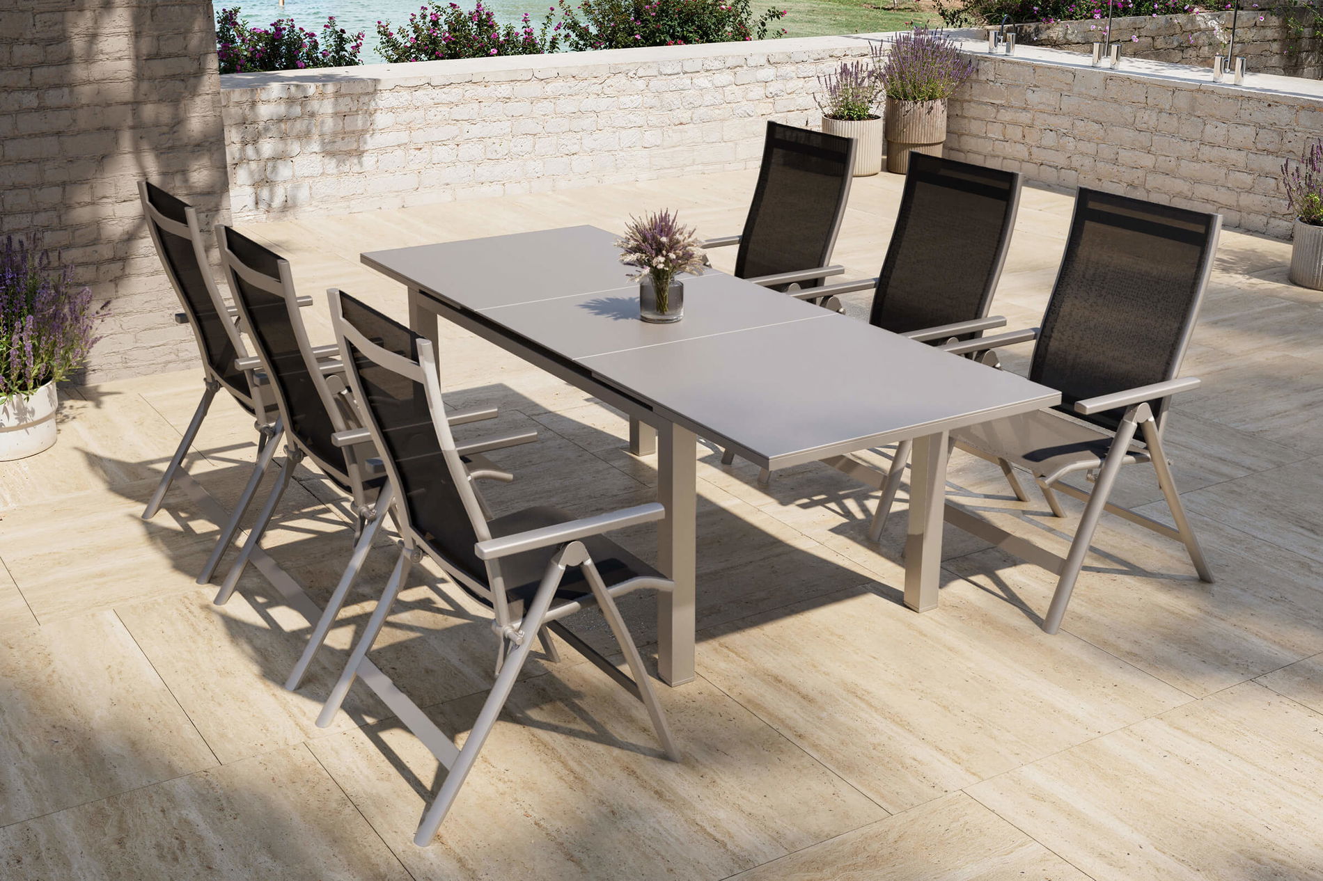 Gruppo da pranzo Premium OUTFLEXX per giardino, argento/antracite, alluminio/Textilene, tavolo allungabile 180/240 x 100 cm, 6 sedie pieghevoli