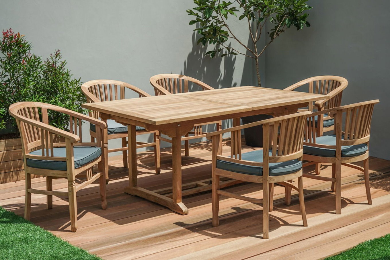 Set da pranzo da giardino OUTFLEXX, legno di teak, tavolo allungabile 160/210 x 90 cm, 6 poltrone con braccioli, incl. cuscini 19366__1