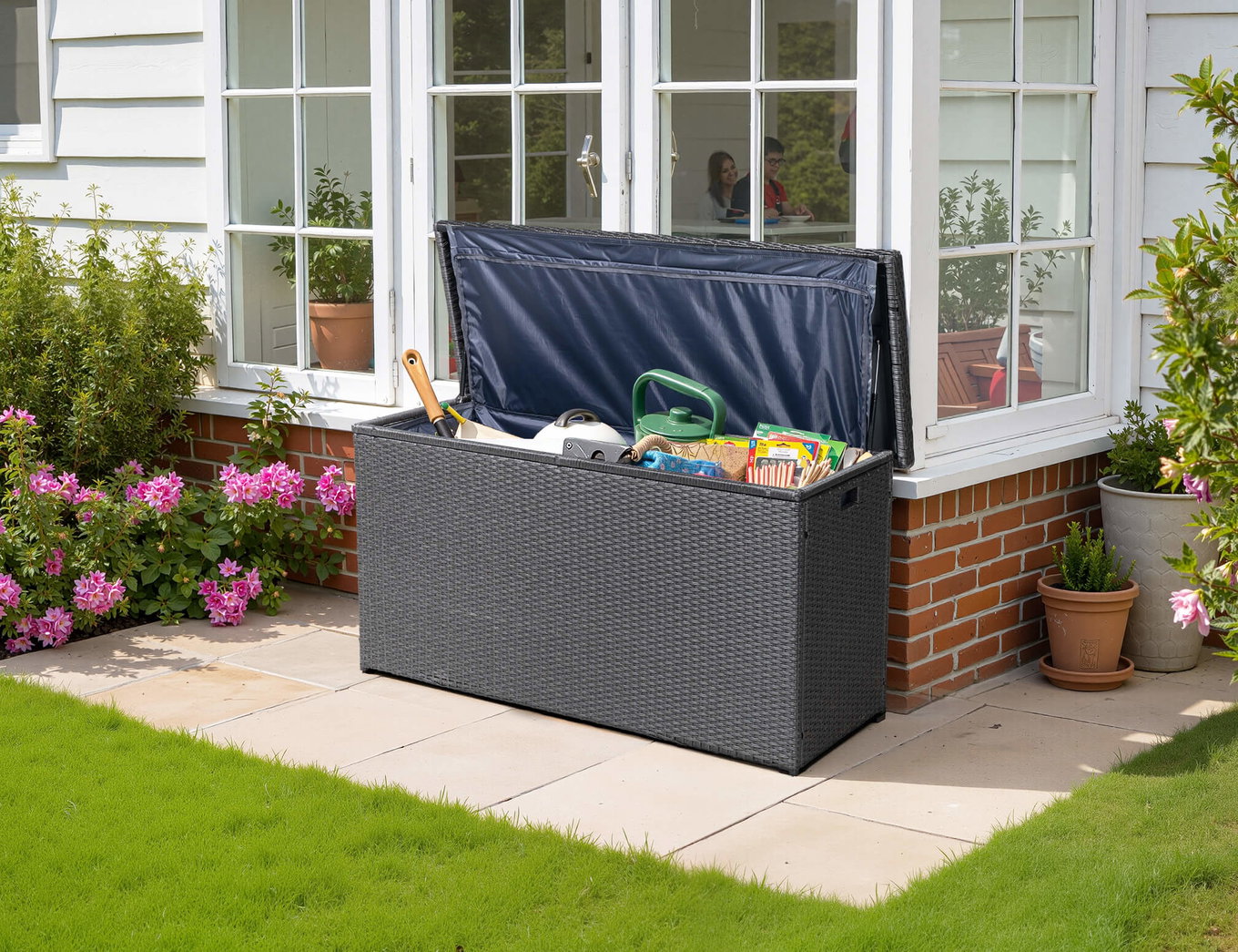 OUTFLEXX Rocking Baule per Cuscini, grigio/marrone screziato, Polyrattan, 145x58x73 cm, incl. inserto 18219__1