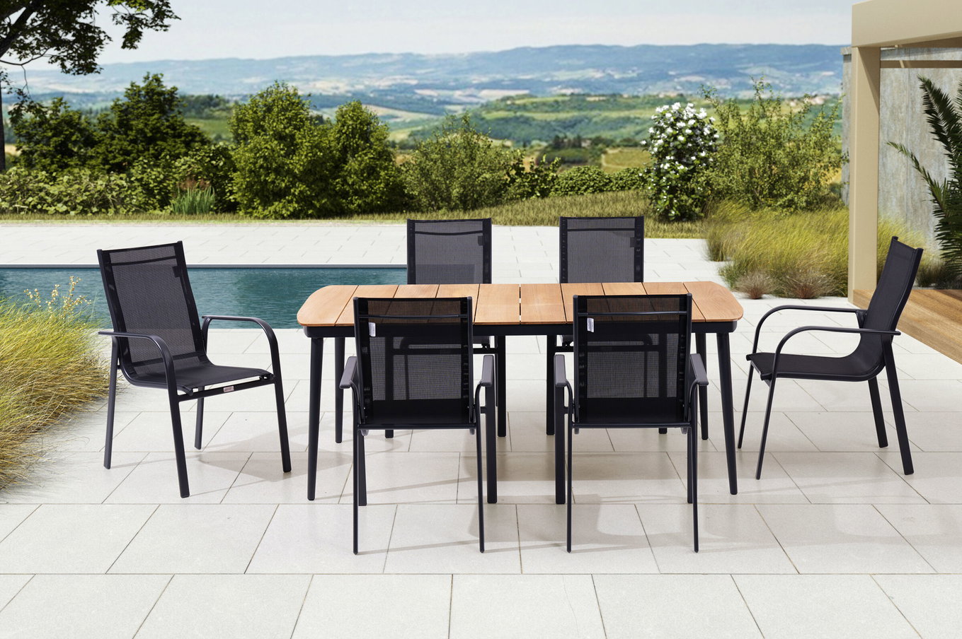 OUTFLEXX Gruppo Pranzo da Giardino, antracite opaco, Alu/Teak/Textil, 184x100 cm, 6 sedie impilabili 28213__1