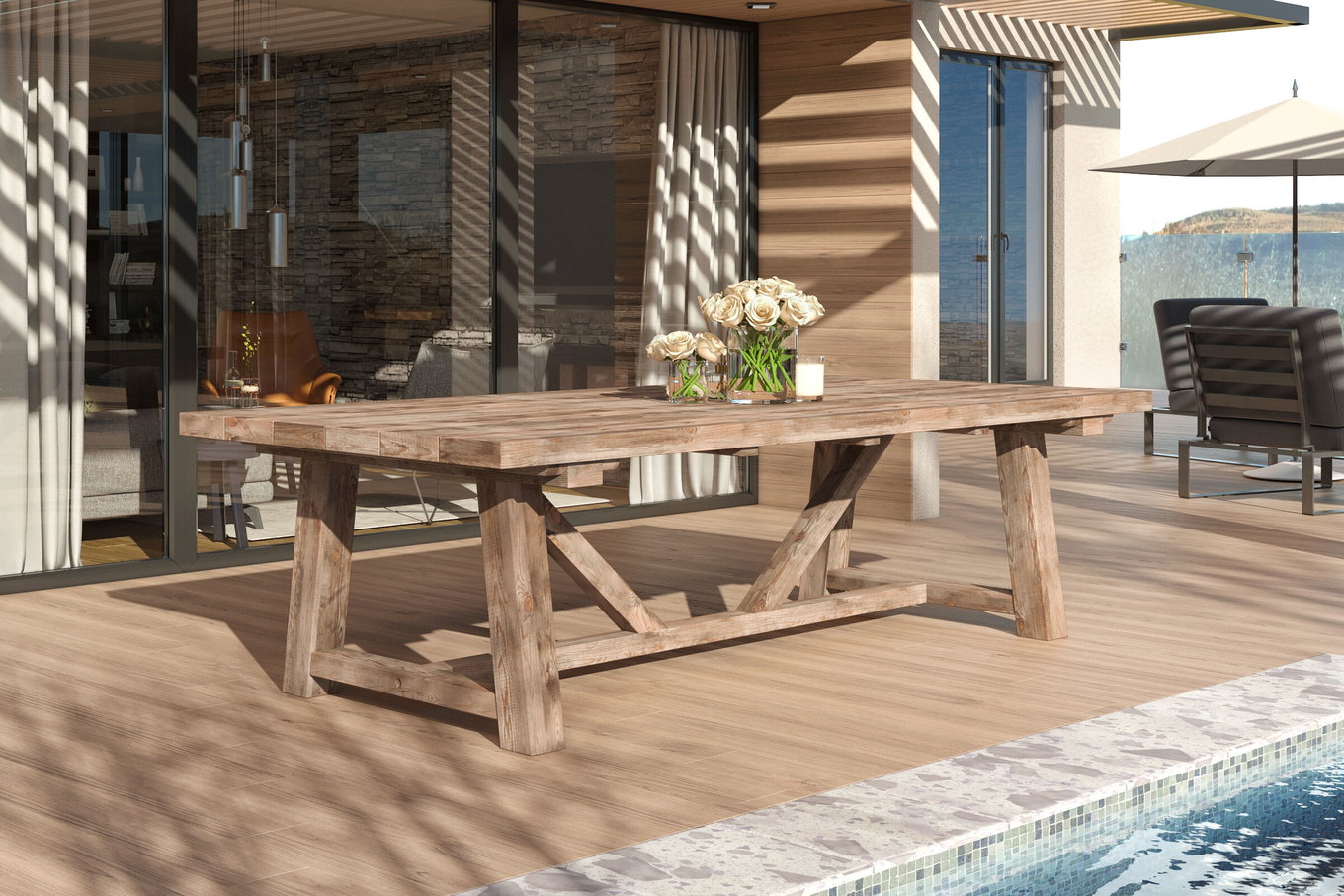 OUTFLEXX Tavolo da Pranzo XXL, naturale, teak riciclato, 220x110cm, spazzolato rustico, spessore piano 4cm, prodotto certificato FSC® 15864__1
