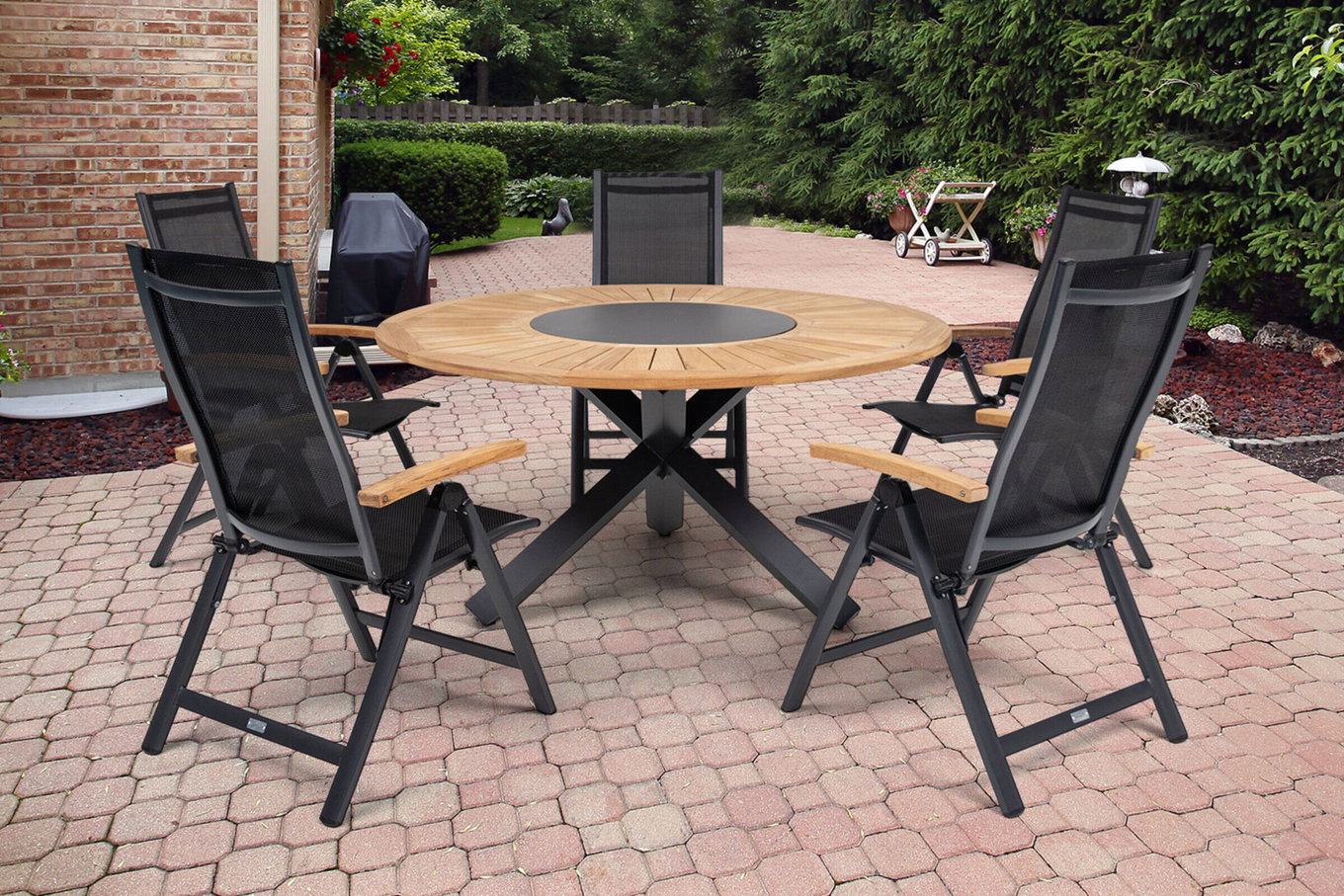 OUTFLEXX Gruppo tavolo pranzo giardino, OUTFLEXX® antracite opaco, Teak / Alu / Textil, tavolo pranzo Ø 150 cm, 5 sedie pieghevoli 22200__1