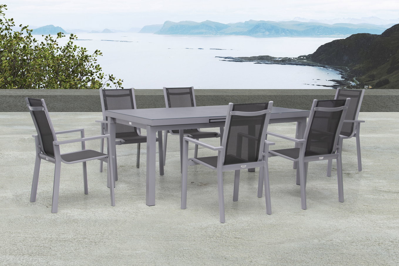 Set da pranzo Premium OUTFLEXX per giardino, argento/grigio, alluminio/textilene, tavolo allungabile 180/240 x 100 cm, 6 poltrone impilabili 21433__1