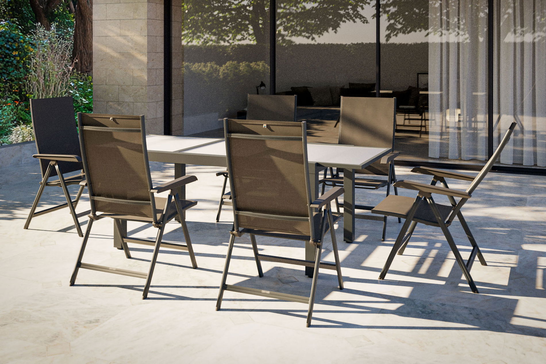 KETTLER Set da pranzo da giardino con 6 sedie, antracite/bianco, alluminio/textilene, allungabile e pieghevole, robusto e resistente alle intemperie