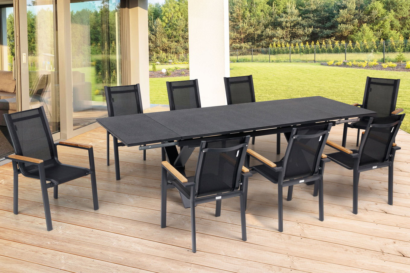 OUTFLEXX Gruppo pranzo da giardino, OUTFLEXX® antracite opaco, Alu / Spraystone / Teak, tavolo 180/280x100cm, 8 poltrone impilabili 22128__1