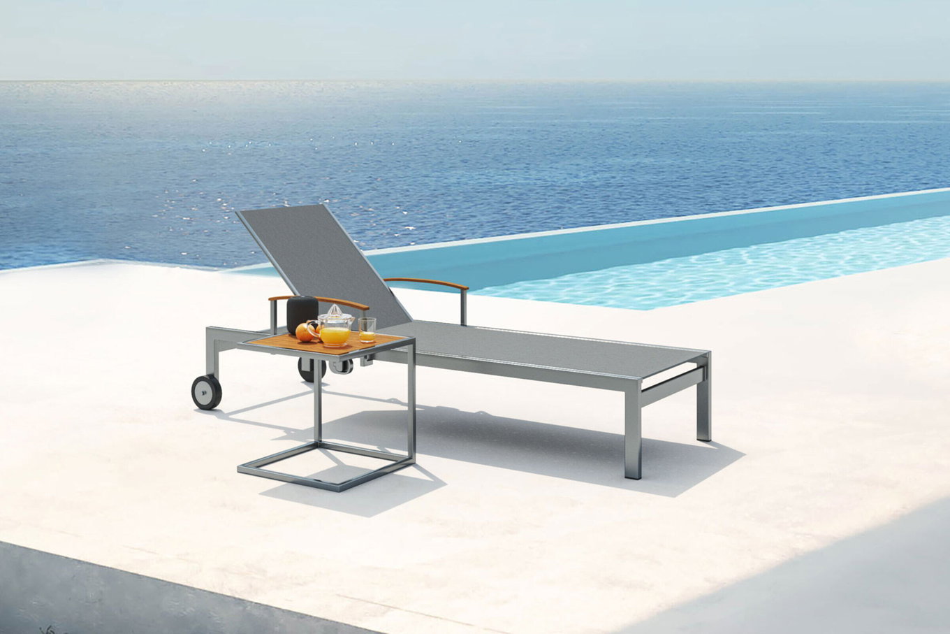 OUTFLEXX Set di lettini prendisole, tortora, acciaio inox/teak, 195,5x74x35cm, con braccioli, incl. tavolino 45x45cm, prodotto certificato FSC® 16547__1