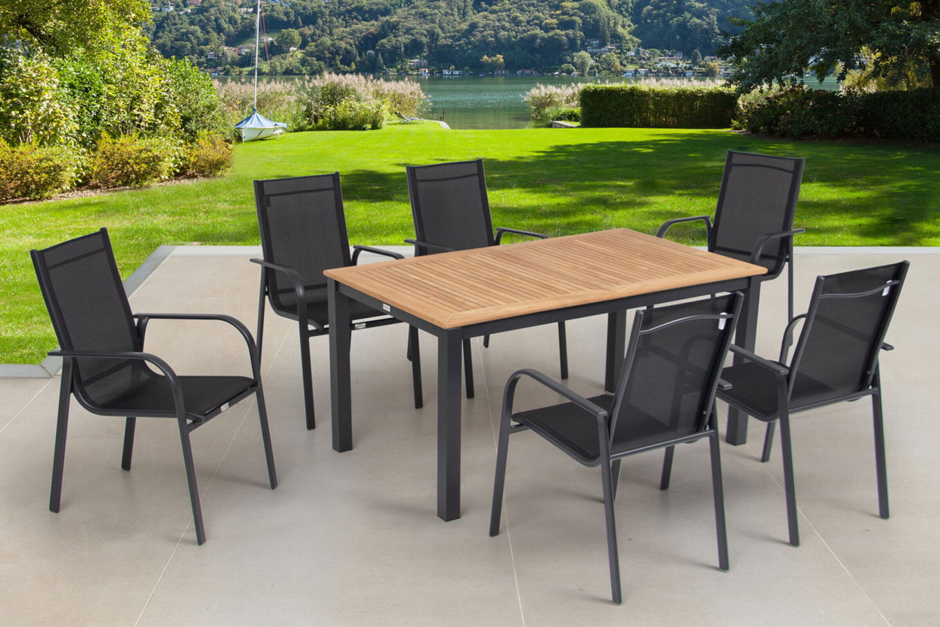 OUTFLEXX Garten-Essgruppe, OUTFLEXX® anthrazit matt, Alu / Teak / Textil, Tisch 150/210x90cm, 6 Sessel, stapelbar 22183__1