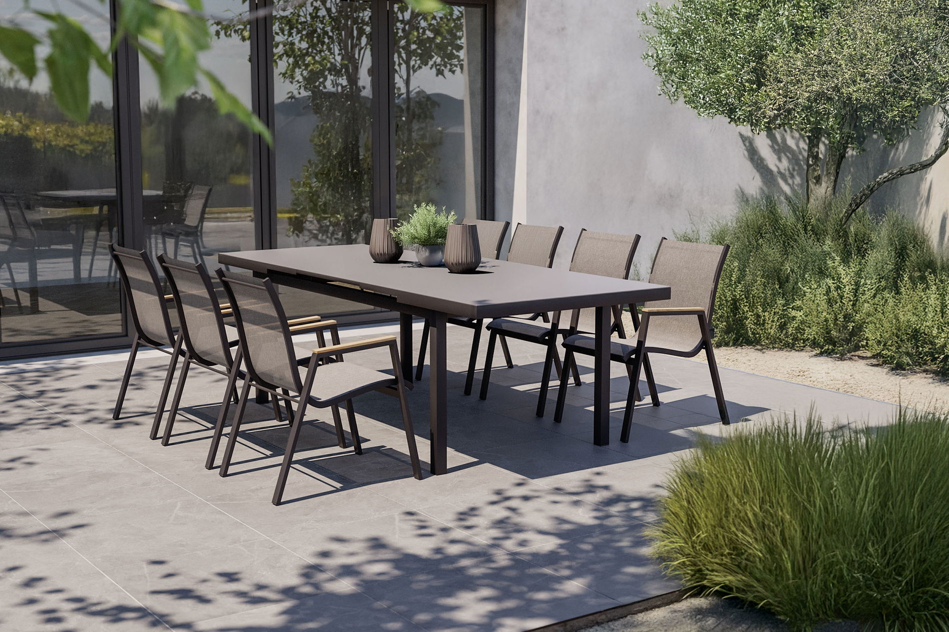 HARTMAN Aruba Teak Set da pranzo da giardino, xerix, Alu/Textilene, tavolo 180/240x100cm, 6 sedie impilabili