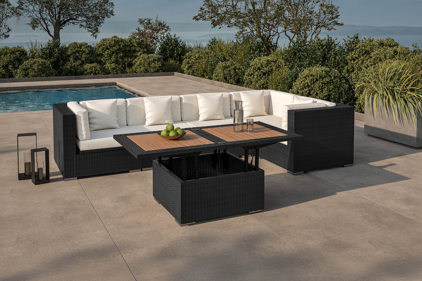 OUTFLEXX salotto da giardino polirattan, crema/bianco, nero, per 5 persone, incl. tavolino lounge, cassapanca portacuscini impermeabile 1714_BOX_D__1