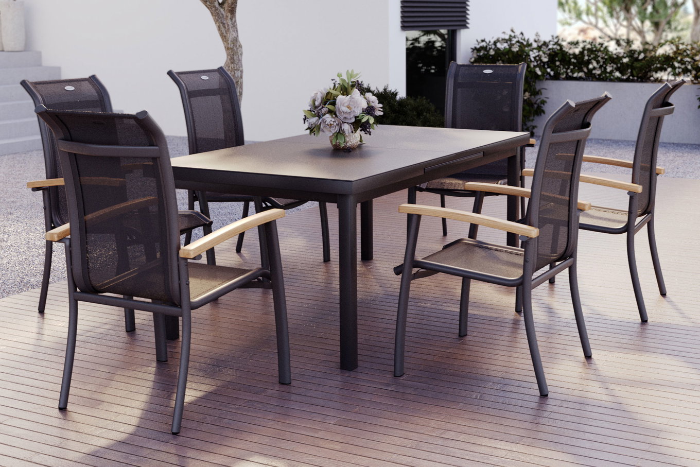 HARTMAN Alice Set da pranzo da giardino, xerix, Alu/4x4 Textilene, tavolo 180/240x100cm, 6 Poltrone impilabili 19327__1