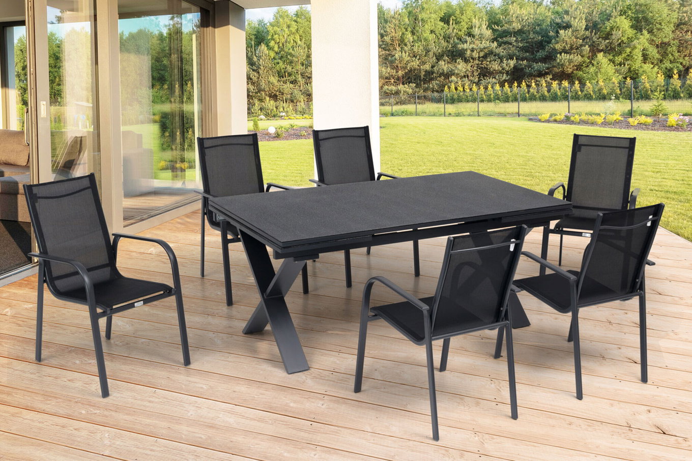 Set da pranzo da giardino OUTFLEXX, OUTFLEXX® antracite opaco, Alu / Spraystone / Textilene, tavolo 180/280x100cm, 6 poltrone, impilabili 22143__1