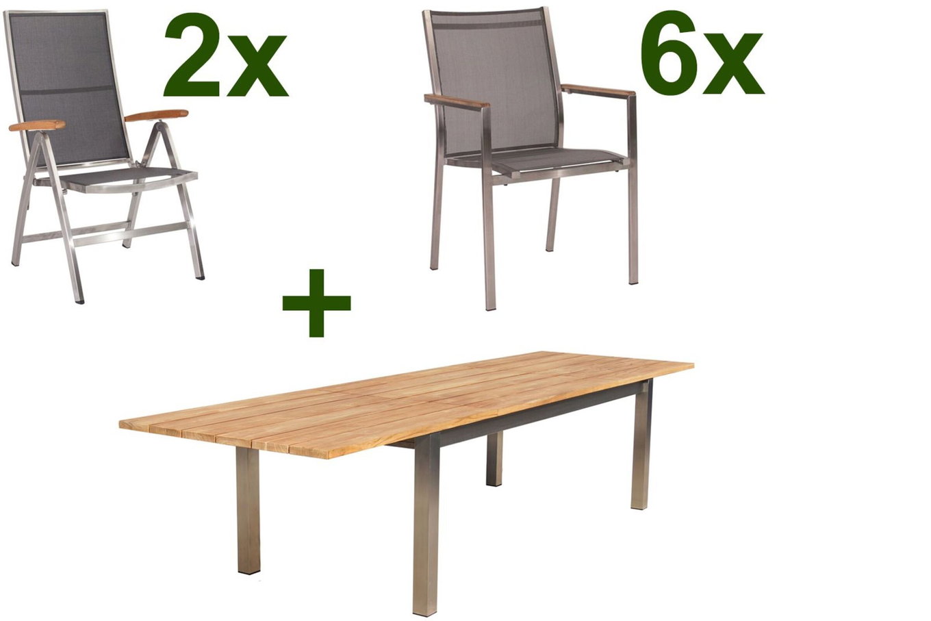 STERN Cardiff Set da pranzo da giardino, argento/grigio argento, Acciaio inossidabile/Teak, tavolo 220/340 x 100 cm, 6 sedie impilabili, 2 sedie pieghevoli, Prodotto certificato FSC® 19747__1