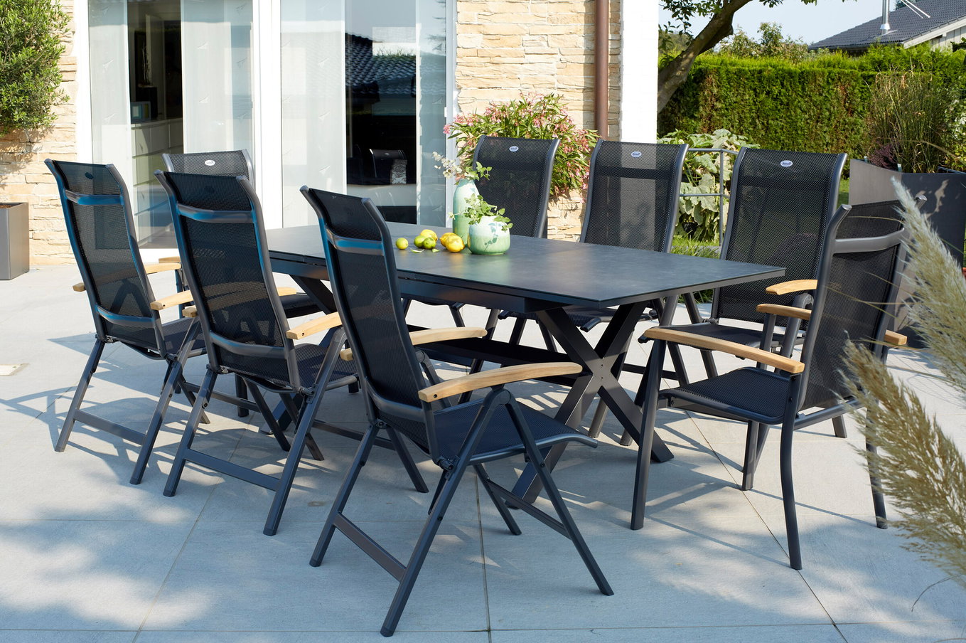 HARTMAN Xanadu/Alice Gruppo pranzo da giardino, xerix/natur, Alu/Vetroceramica, 4x4 Textilen, 2 Poltrona Dining, 6 Sedie pieghevoli, 160/220x100cm, Braccioli Teak 23253__1