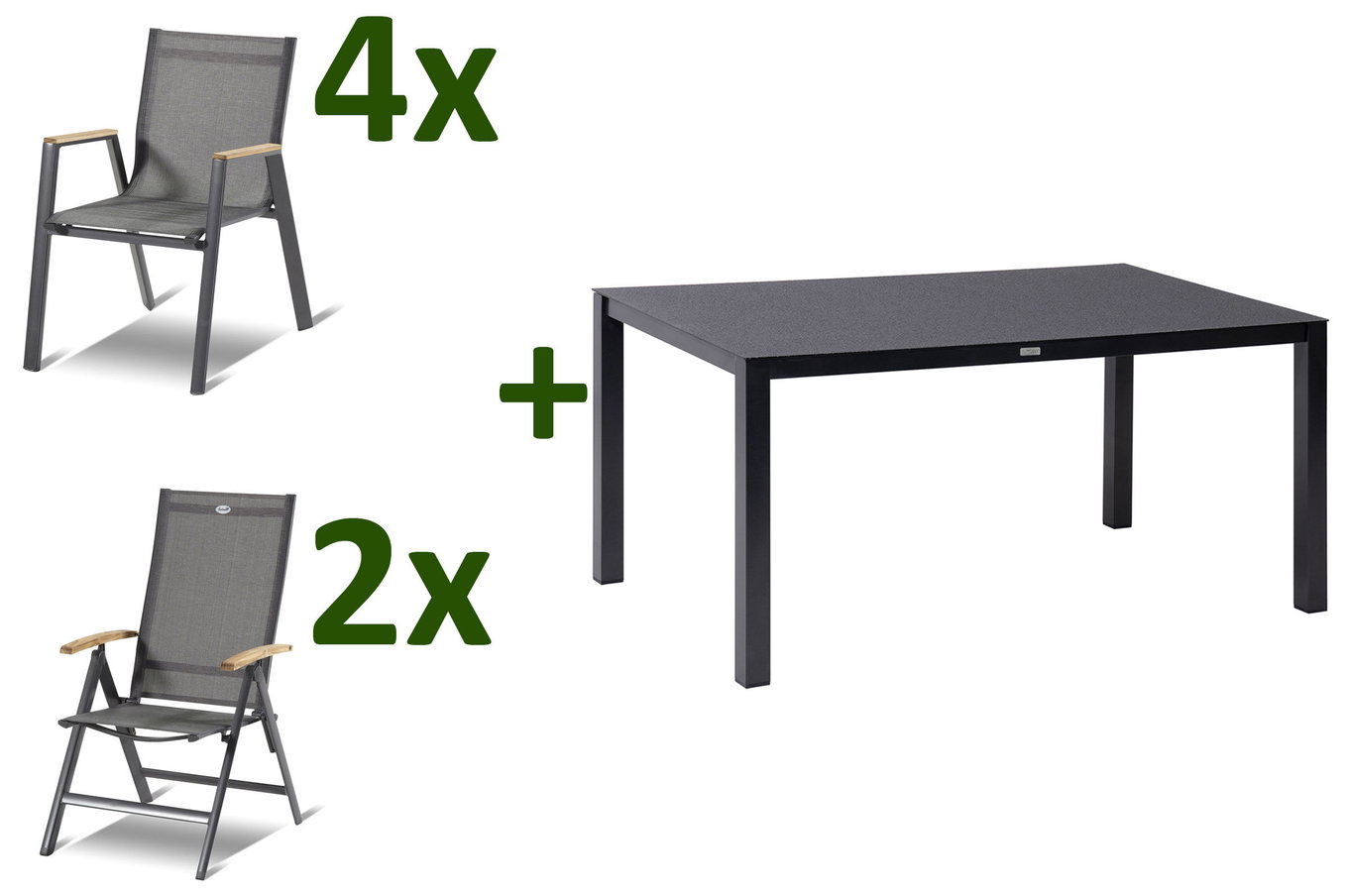 HARTMAN Aruba Gruppo da pranzo da giardino, xerix/antracite, Alu/Spraystone/Teak, 160x95 cm, 4 poltrone impilabili, 2 sedie pieghevoli, braccioli in teak 28427__1