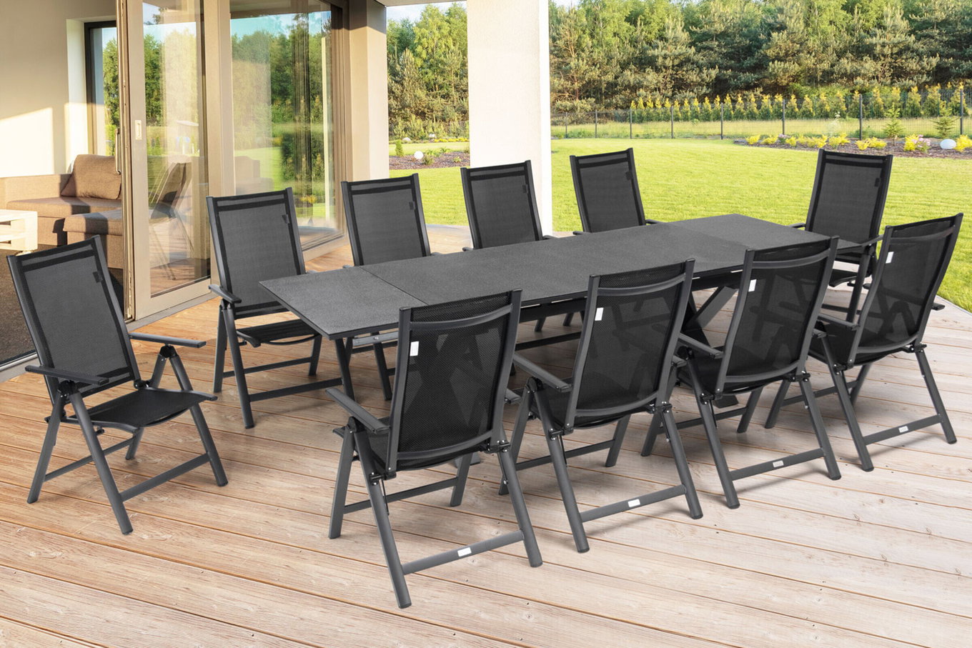 OUTFLEXX Gruppo tavolo da pranzo da giardino, OUTFLEXX® antracite opaco, Alu / Spraystone / Textil, tavolo 180/280x100cm, 10 sedie pieghevoli 22135__1