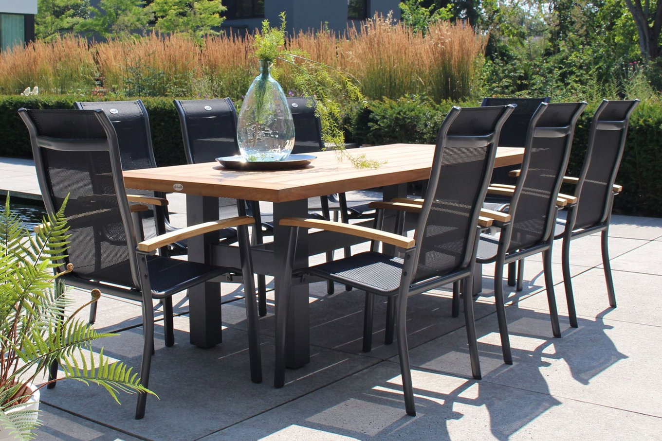 HARTMAN Modello speciale Yasmani/Alice Gruppo tavolo da pranzo da giardino, xerix, Alluminio/Legno di teak, Textilene 4x4, 240x100cm, 8 poltrone impilabili 19042__1