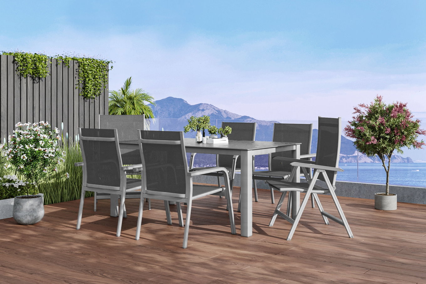 KETTLER Cubic/Basic Plus Set pranzo da giardino, argento/antracite, Alu/Textilene, tavolo 160 x 90 cm, 4 poltrone impilabili, 2 sedie pieghevoli 28698__1