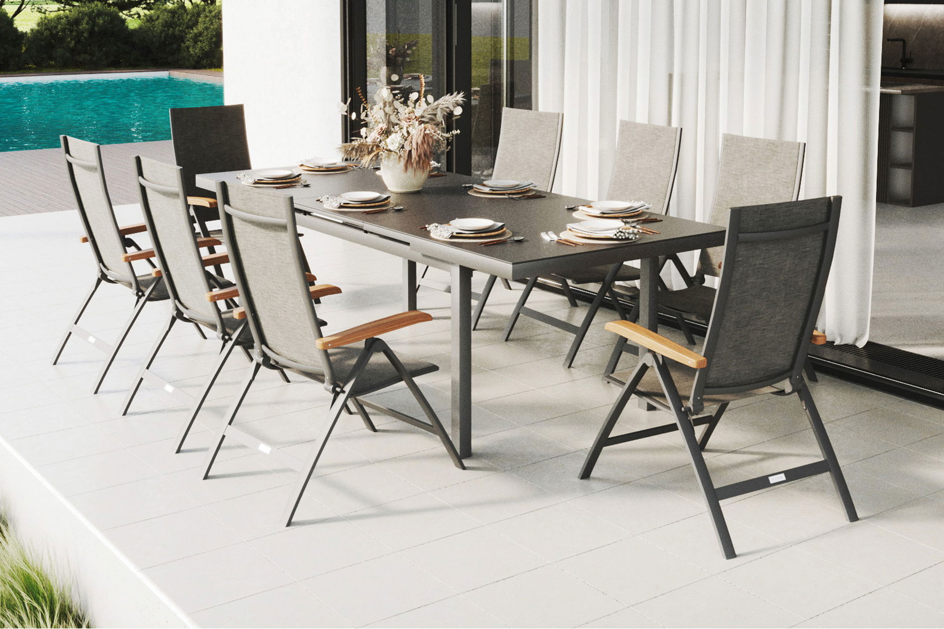 OUTFLEXX Lagos Set da pranzo da giardino, antracite/grigio, alluminio/eucalipto/textilene, tavolo 180/240 x 100 cm, 8 sedie pieghevoli, prodotto certificato FSC®