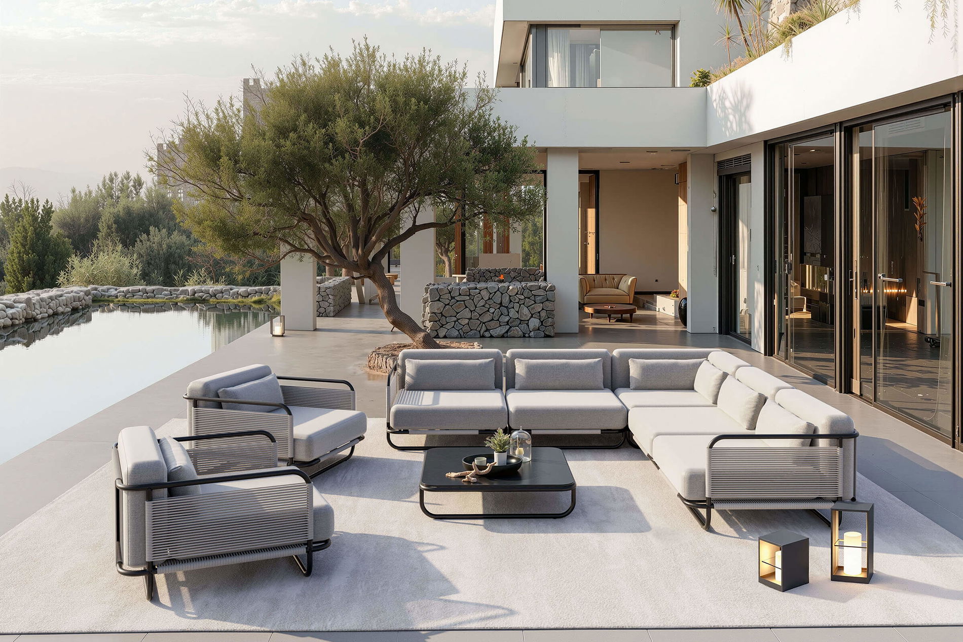 LOOKS by Wolfgang Joop Tempest salotto da giardino XL, grigio chiaro/antracite, alluminio/intreccio Rope, tavolino con piano in vetro, verniciato a polvere, resistente alle intemperie, design moderno