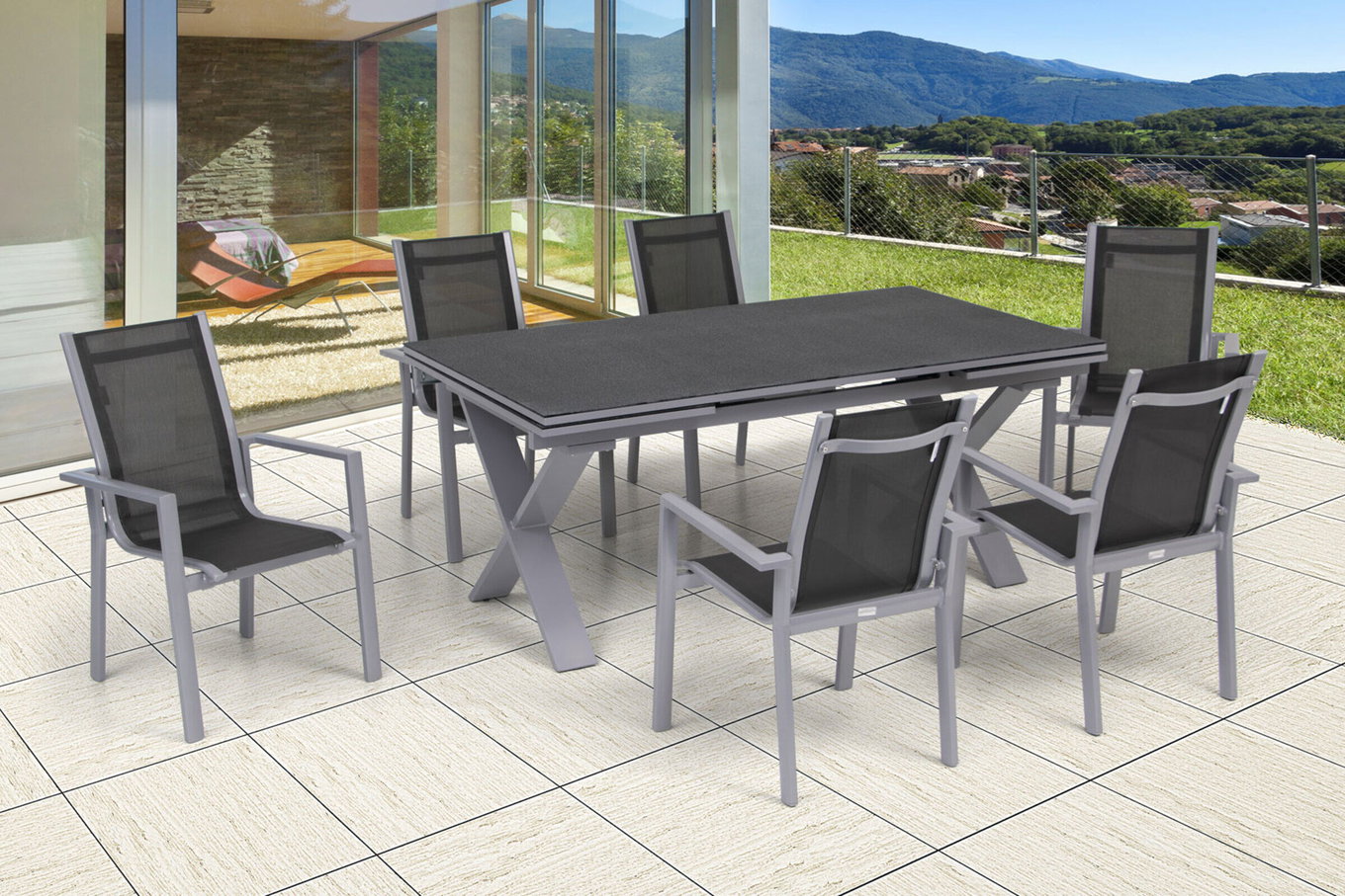 OUTFLEXX Set da pranzo da giardino, argento, Alu / Spraystone / Textil, tavolo 180/280x100cm, 6 poltrone impilabili 22214__1