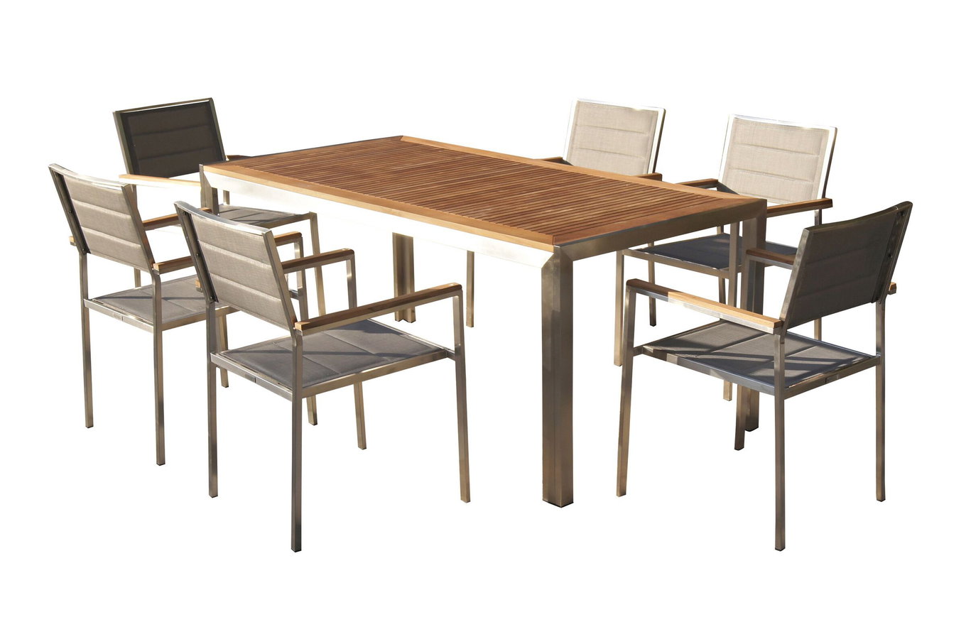 OUTFLEXX Gruppo da pranzo da giardino, argento, acciaio inox/Teak, tavolo da pranzo 180 x 90 cm, 6 sedie impilabili imbottite 14191__1