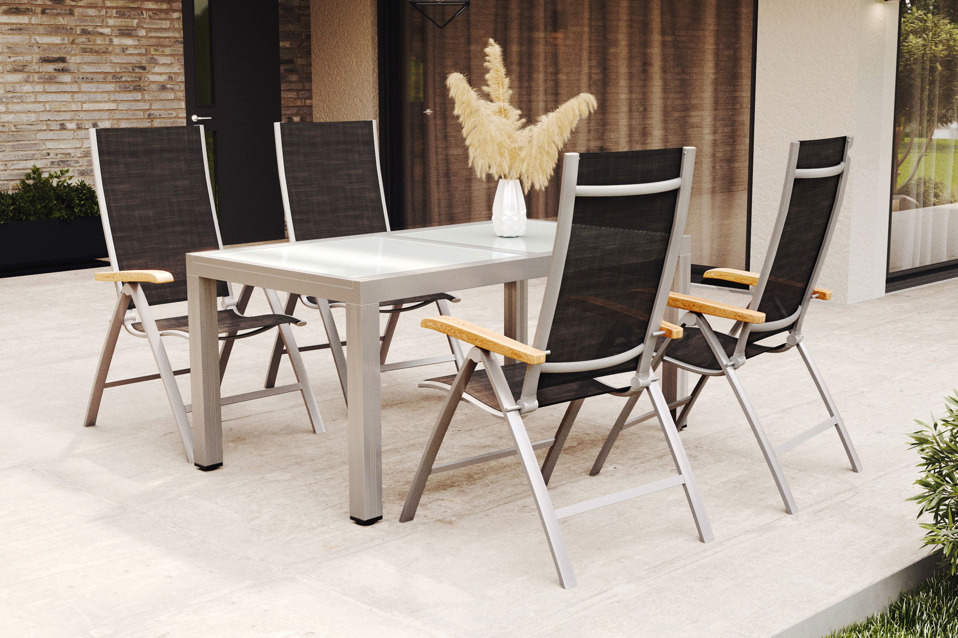 Set da pranzo da giardino VILLANA, bianco/argento, Alluminio/Vetro di sicurezza, Tavolo allungabile 160/220 x 90 cm, 4 Sedie pieghevoli, Prodotto certificato FSC®
