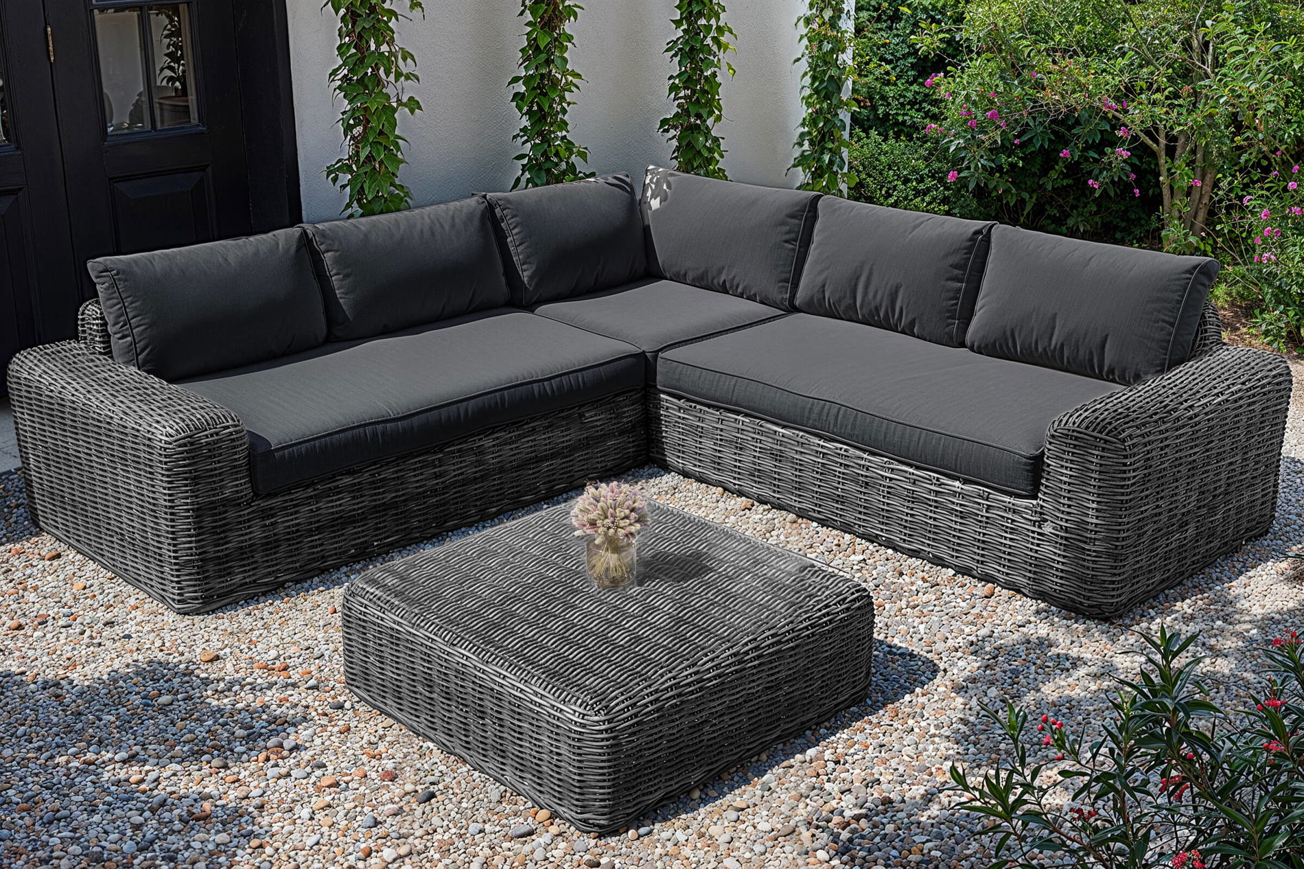 OUTFLEXX Lounge angolare, grigio bianco/antracite, polyrattan, 6 persone, incl. tavolo/pouf 90 x 90 cm e cuscini in olefin antracite